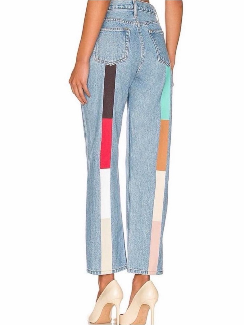 Light Wash Straight-Leg Jeans with Multicolor Back Stripe